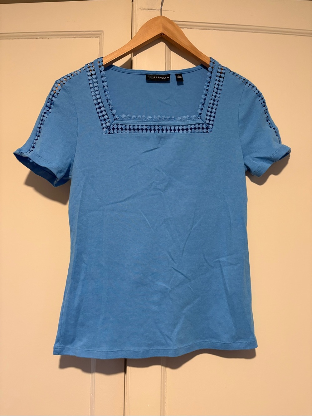 Rafaella Blue Square Neck Crochet Detail Cotton Tee